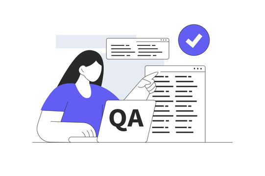 Quality Assurance Software Testing and Code Troubleshooting. Female Specialist Working on Laptop Screen with QA Badge and Approved Check. Flat Cartoon Vector Illustration, icon Stylish abstract design