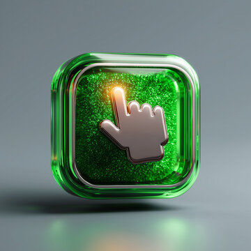 Glossy green hand cursor click icon with metallic silver pointer on a modern background, digital interaction and web navigation concept for websites, apps, user interface and technology
