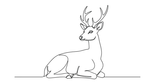 Minimalist one line drawing of a deer stag with antlers sitting down in a clean and modern artistic vector style.