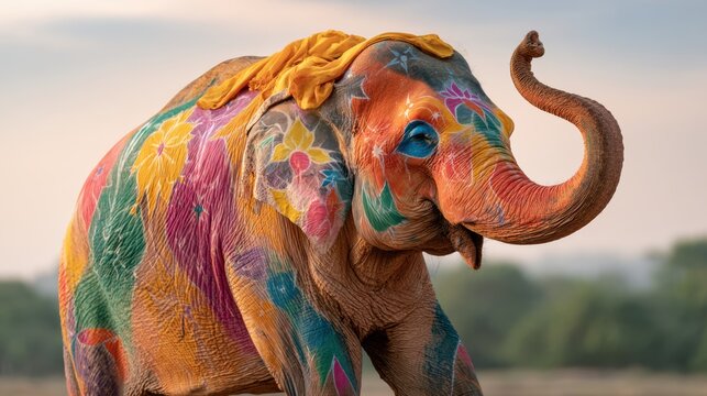 A colorful elephant decorated with vibrant floral patterns and paint, standing outdoors with a blurred natural background.