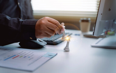 Fototapeta premium Business strategy with chess pieces on office desk for corporate management decision making