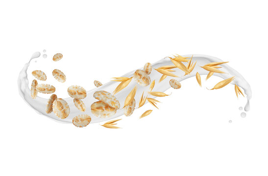 Oatmeal with oat grains in milk splashes isolated on a transparent background