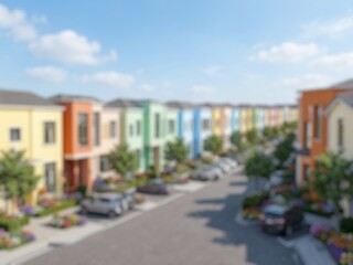 Fototapeta premium Blur image of a contemporary housing development with homes and streets, ideal for architecture, property, urban living, and community concepts.