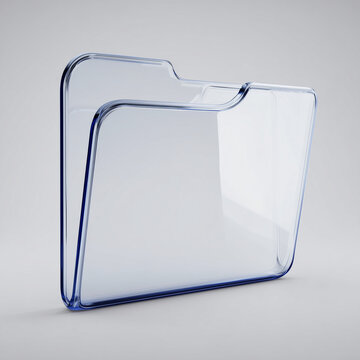 Transparent glass folder icon with elegant blue edges on a light gray background, digital file storage and document management concept for websites, apps, cloud storage and modern interfaces
