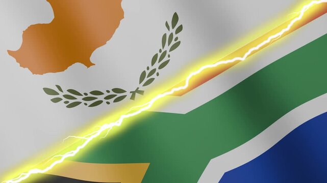 Two waving flags Cyprus and South Africa with diagonal lightning seamless, 4k loop