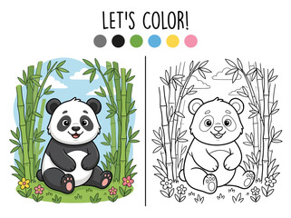 Coloring book page for children featuring a cute panda sitting in a bamboo forest with color guide © rafsanwd