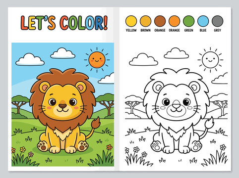 Educational coloring page for children with a cute cartoon lion in the savanna and color guide