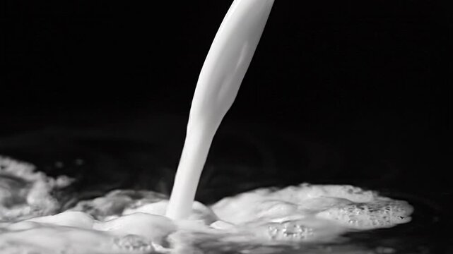 Fresh white milk pouring with dramatic studio lighting creating splashing foam on dark background for pure mood