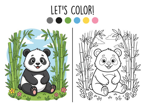 Coloring book page for children featuring a cute panda sitting in a bamboo forest with color guide