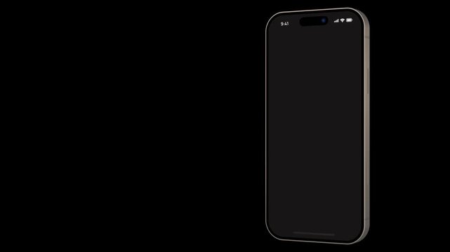 Single smartphone mockup stands angled on right side of black background. Dark mobile screen features subtle status bar icons for realistic app preview. Minimal render showcases sleek bezel.