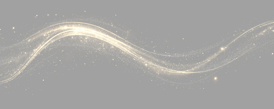 Golden glitter light wave effect with sparkling particles and dust. Luxury abstract flowing isolated on transparent background. Dynamic magic trail design element