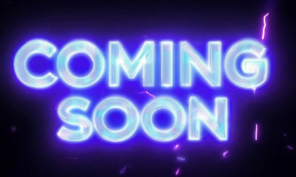 Coming soon neon sign glowing in blue and purple, teaser announcement