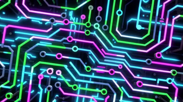 Colorful circuit board design with vibrant neon lines and dots, showcasing intricate connections and patterns in a visually striking digital environment