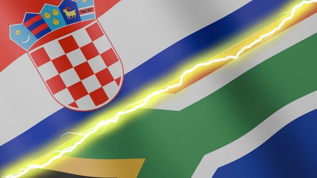Two waving flags Croatia and South Africa with diagonal lightning seamless, 4k loop