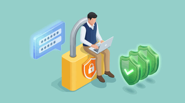 Isometric vector illustration featuring businessman working on laptop while sitting on giant yellow padlock representing digital data security and protection