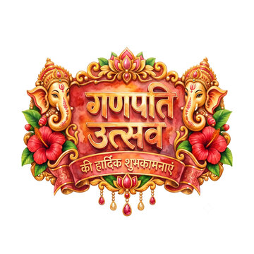 Happy Ganesh Chaturthi - Red and Gold Ornate Hindi Calligraphy 'Ganpati Utsav' with Traditional Floral Motifs.