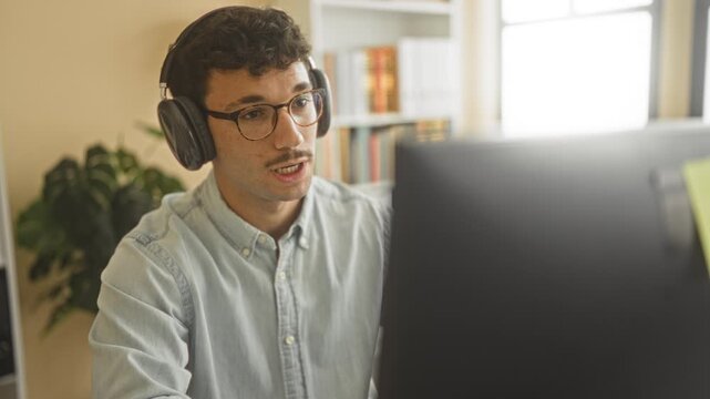 Young man with glasses and headphones at computer, looking at screen and typing at a desk in a building with bookshelf and plant; focused productivity.
