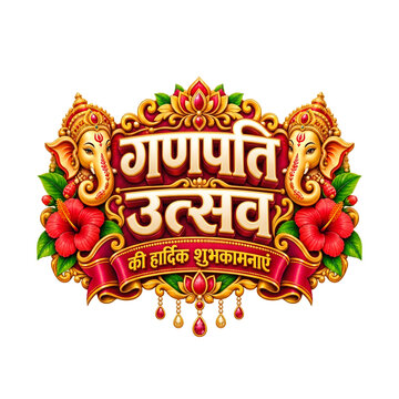 Happy Ganesh Chaturthi - Premium Golden 3D Hindi Text 'Ganpati Utsav' Decorated with Red Accents and Flowers.