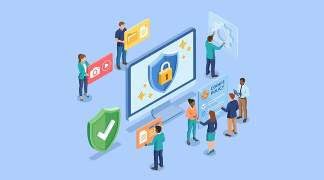 Isometric vector illustration showing diverse business professionals managing digital data security and cookie policy compliance within a modern workplace interface design