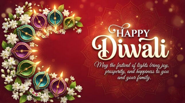 Happy diwali greeting card with colorful decorative oil lamps and white jasmine flowers on a deep red background with a mandala pattern