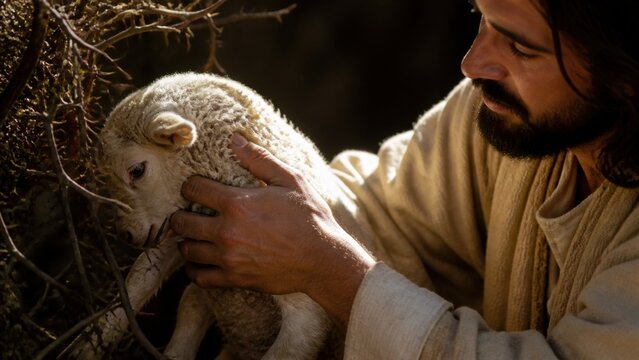 Jesus Christ gently rescuing a lost lamb from thorny branches. Biblical parable of the Good Shepherd, compassion, salvation, faith, and divine care.