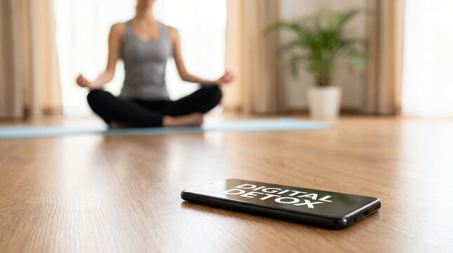 Detox digital smartphone beside yoga meditation. Mobile phone social media addiction problem. disconnect offline balance relaxation, mental control privacy