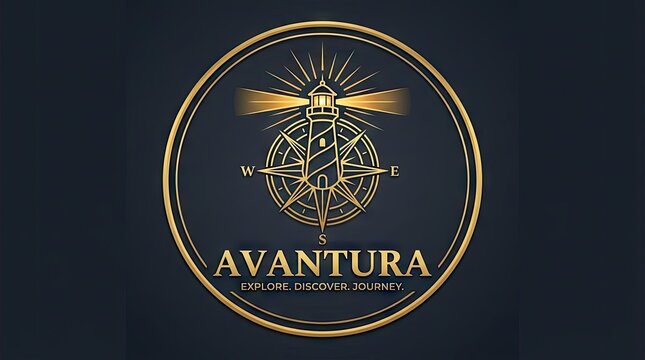 Circular gold lighthouse and compass nautical logo design.