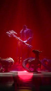 Dark Crimson Fantasy Motion Background of Warlock and Dragons Under Red Spotlight