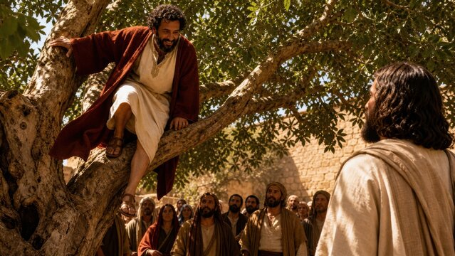 Jesus looks up at Zacchaeus perched in a tree above a crowd in Jericho. Biblical scene of repentance, salvation, faith, and divine compassion from the Gospel of Luke.