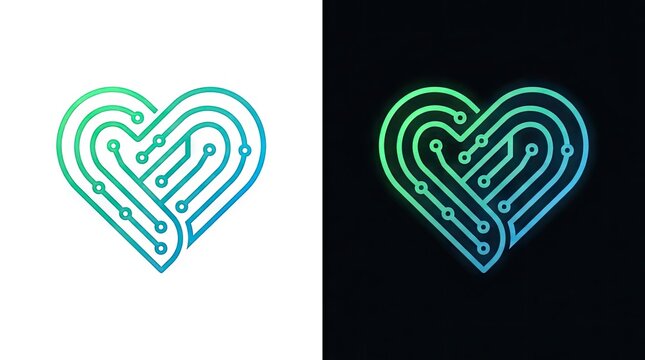 Digital heart logo with circuit board line patterns.