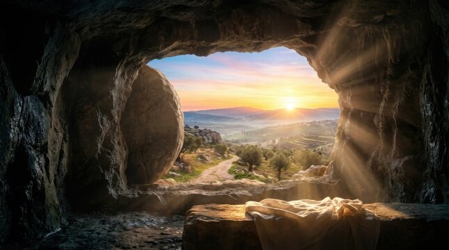 Serene Sunset View from Cave Opening: Dramatic Cloudscape, Golden Hour Light, Spiritual Atmosphere