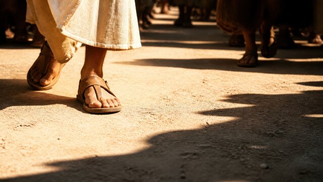Jesus walking through Jericho in sandals as a crowd follows. Biblical scene illustrating the journey toward Zacchaeus, faith, salvation, and compassion for the lost.