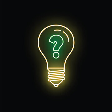 Neon light bulb glowing with a question mark illustrating an idea, mystery, or problem solving