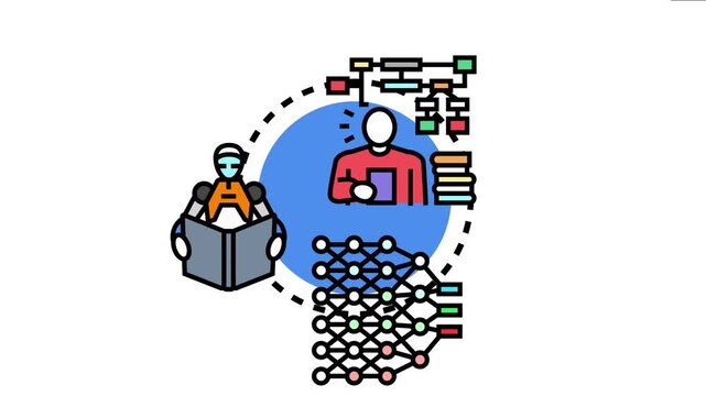 Robot acquiring knowledge from a book alongside human education and complex neural network structures, the process of data understanding and algorithmic development