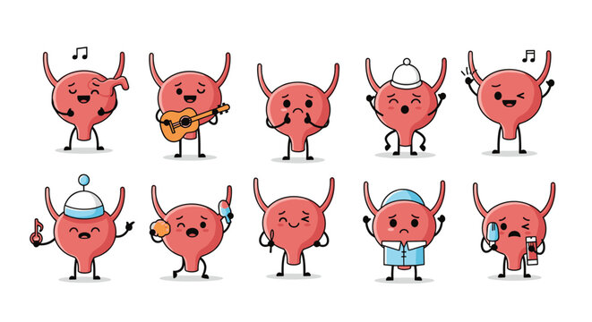 Large set of ten humorous bladder mascot characters in various funny poses and life situations including playing music and eating food.