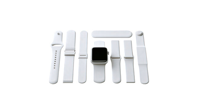 Modern smartwatch device with multiple interchangeable white silicone bands arranged on flat surface with displays central digital watch several assorted clean white background