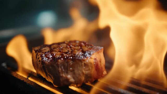 Juicy Beef Steak Sizzling on Grill with Flames, Close-up Outdoor Cooking