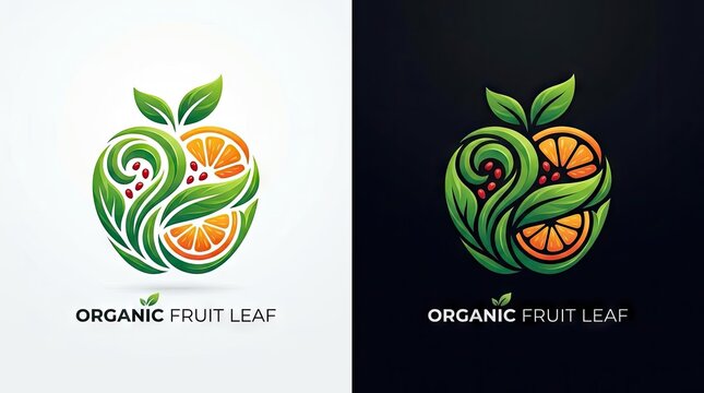 Stylized citrus fruit slice with decorative vine leaf swirls.