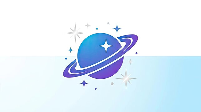 Stylized purple planet with rings and sparkling stars.