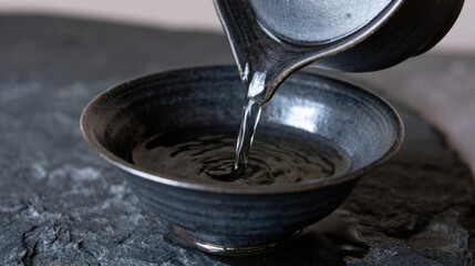 Fototapeta premium A small vessel tilts as clear water pours into a dark bowl resting on a textured surface. The water creates ripples in the bowl