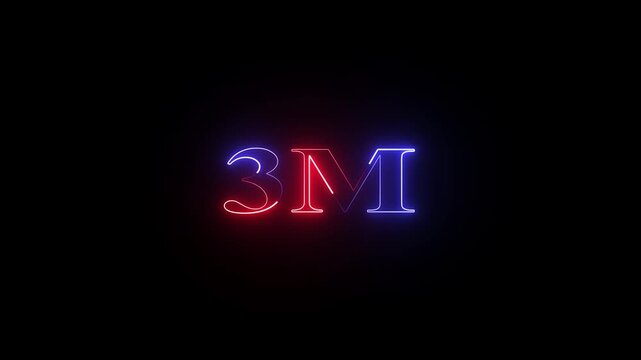3 M neon glowing text animation on black background, 3 Million achievement for social media 4K video animation.
