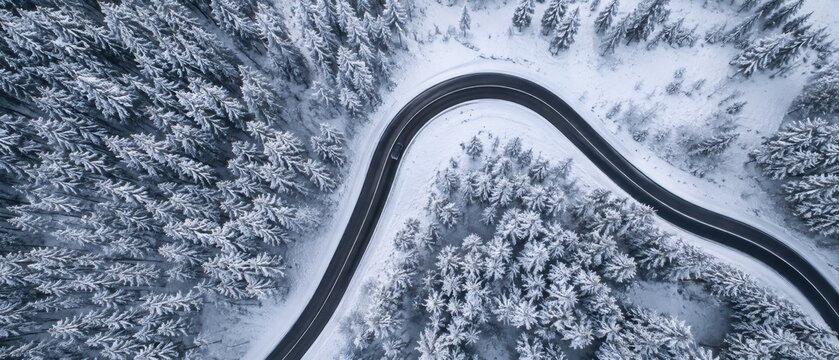 single car driving along winding snowy road through frost covered evergreen forest in aerial view