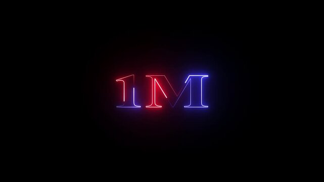 1m one million neon glowing text animation on black background, 1 Million achievement for social media 4K video animation.