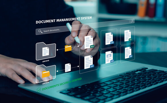 Document management system with file search, folders, archives and multiple document formats, representing secure digital records, file organization, workflow and enterprise content management.
