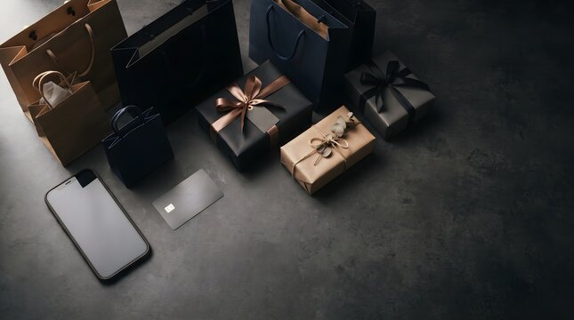 Black Friday online shopping setup with credit card smartphone gift boxes and paper bags flat lay