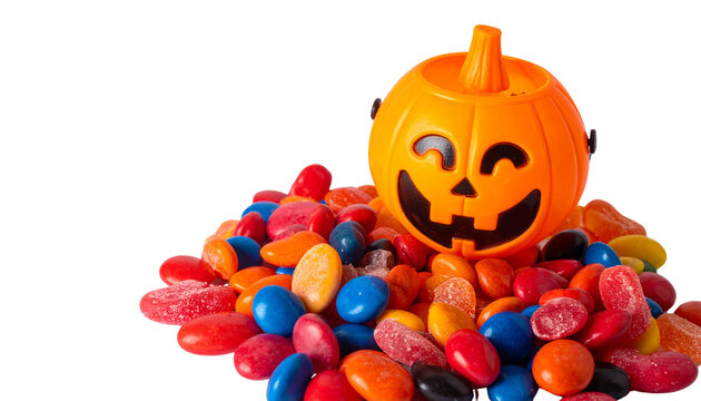 halloween spooky jack-o'-lantern with candies, isolated on transparent background.