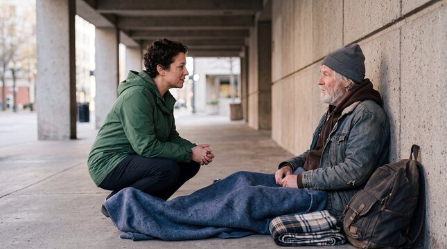 homeless man social worker outreach consultation street support elderly shelter A female outreach worker crouches beside an older unhoused man wrapped in blankets beneath a concrete shelter creating a