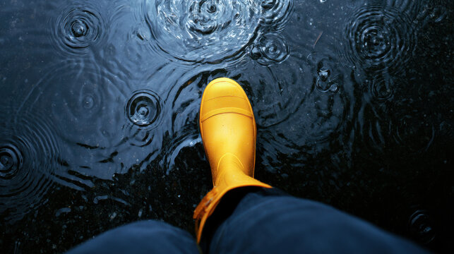 A yellow rubber boot stands in a water puddle. Raindrops create ripples in the water. Wet ground shows signs of recent rain. This occurs outdoors during a rainy day