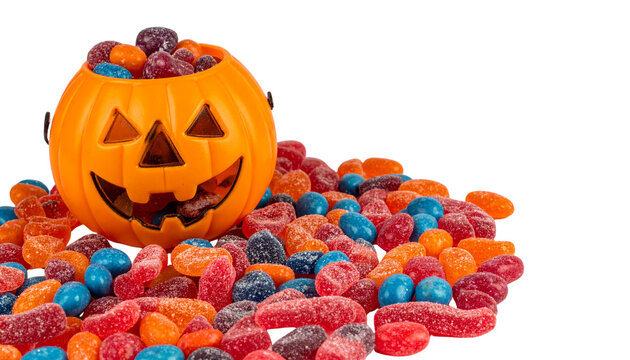 halloween spooky jack-o'-lantern with candies, isolated on transparent background