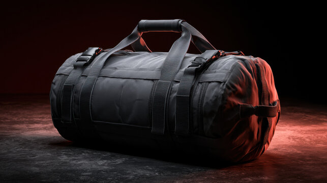 A black duffel bag is positioned on a dark surface. The soft glow of red light highlights its features. This scene emphasizes the bag's design and texture